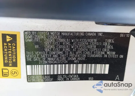 2010 Lexus Rx 350 from USA, damaged, VIN 2T2BK1BA3AC072134